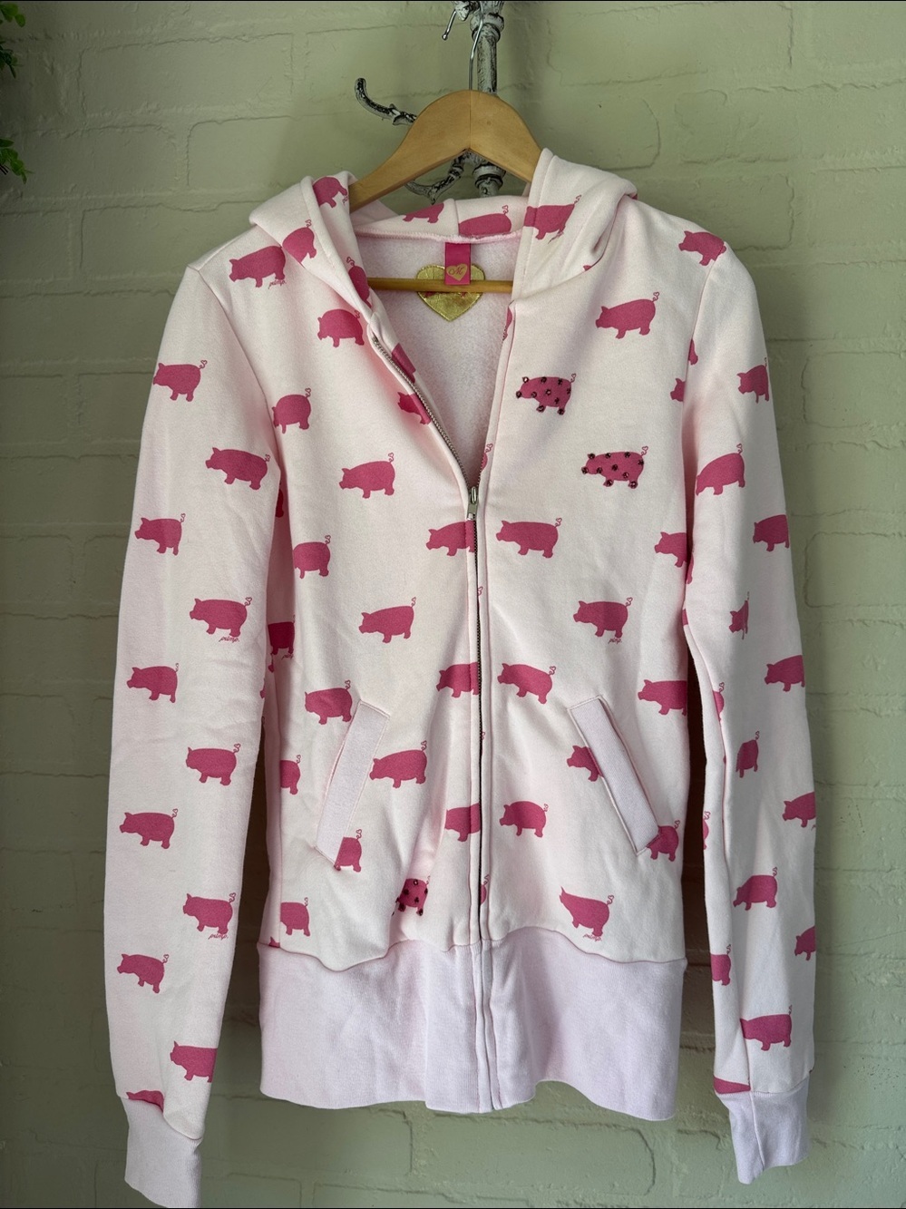 Primp bedazzled hoodie medium pink pig sweatshirt zip up rare